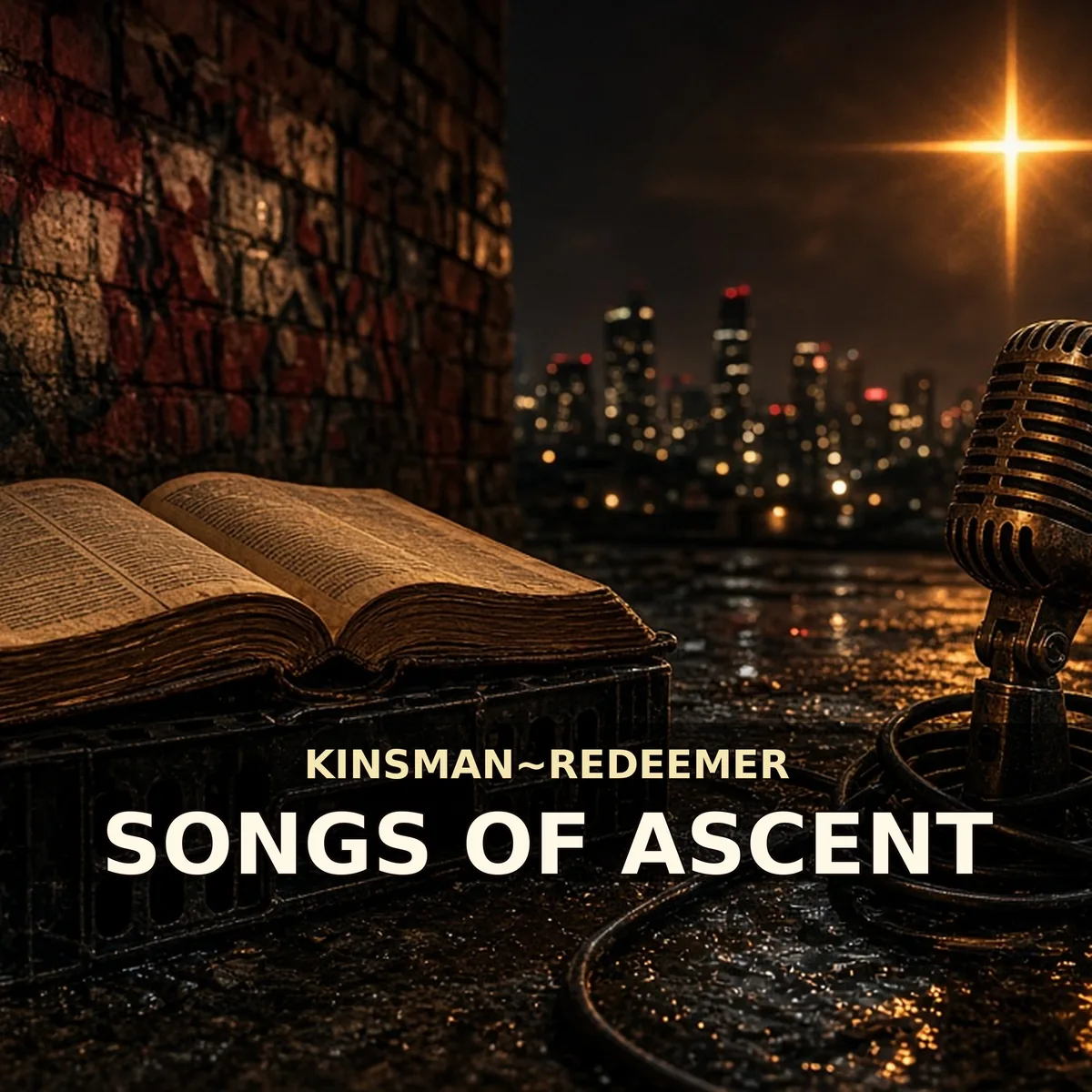Songs of Ascent by Kinsman~Redeemer. Album cover with a cross in a wheat field at night.
