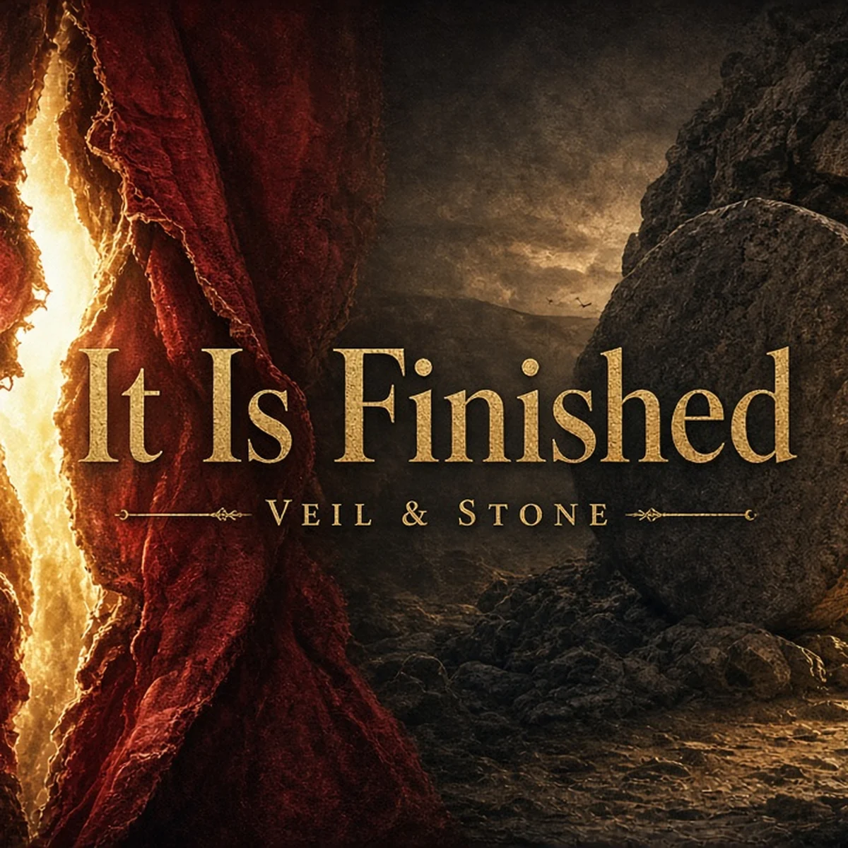IT IS FINISHED by Veil & Stone. Album cover with torn veil and stone.
